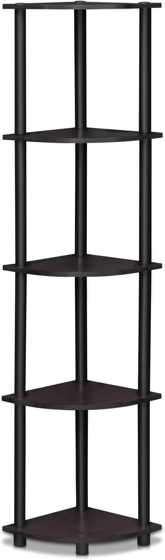 Furinno TURN-N-TUBE Corner Shelf, 5-Tier Corner Bookshelf, Open Storage Shelves, for Organization and Storage, Living Room, Home Office, Garage, Bedroom, Dark Walnut
