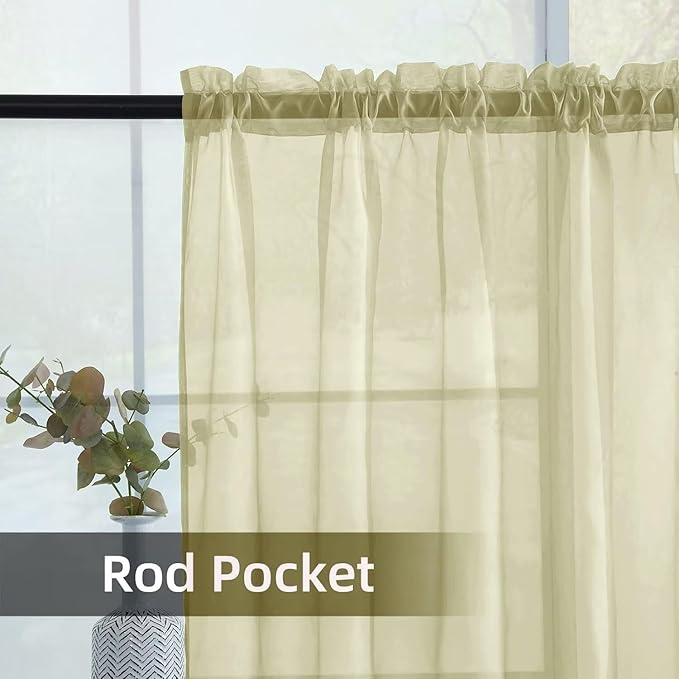youleyar Solid Sheer Rod Pocket Curtain Voile Draperies 2 Panels White Beige Black Grey Ivory 52 Inch Width 54 Inch Long 1 Pair for Kitchen Bedroom Children Living Room Yard (Sage Green,52Wｘ54L)
