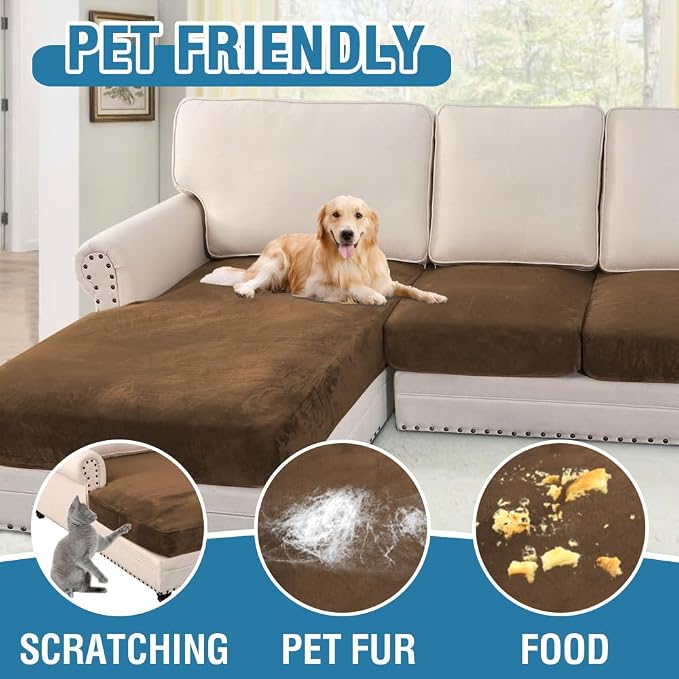 H.VERSAILTEX Velvet Stretch Sectional Couch Covers 3 Pieces Sofa Seat Cushion Covers L Shape Separate Couch Cover for Both Left/Right Sectional Couch (Large Sofa 2 Seater + 1 Chaise, Bronze Brown)