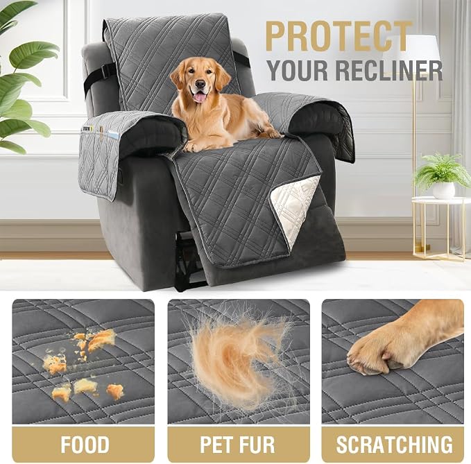 H.VERSAILTEX 100% Waterproof Recliner Cover 1-Piece Reversible Lazy Boy Recliner Chair Covers Furniture Protector with Elastic Straps for Pets Kids Sitting Width Up to 23" (Recliner, Grey/Beige)