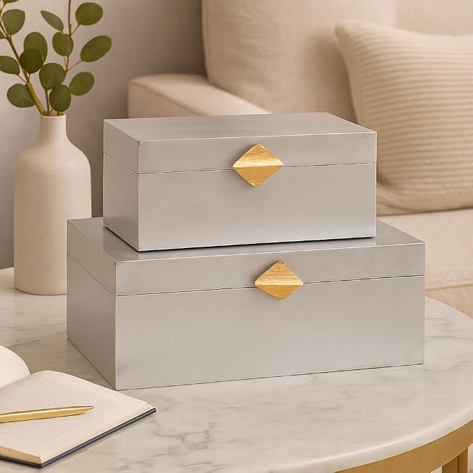 Vintiquewise Set of 2 Decorative Wooden Storage Boxes with Gold Accent – Boxes for Keys, Jewelry, Makeup, Accessories, Crafts, Gadgets, Home Office, Living Room, Bedroom & Entryway Décor, Silver