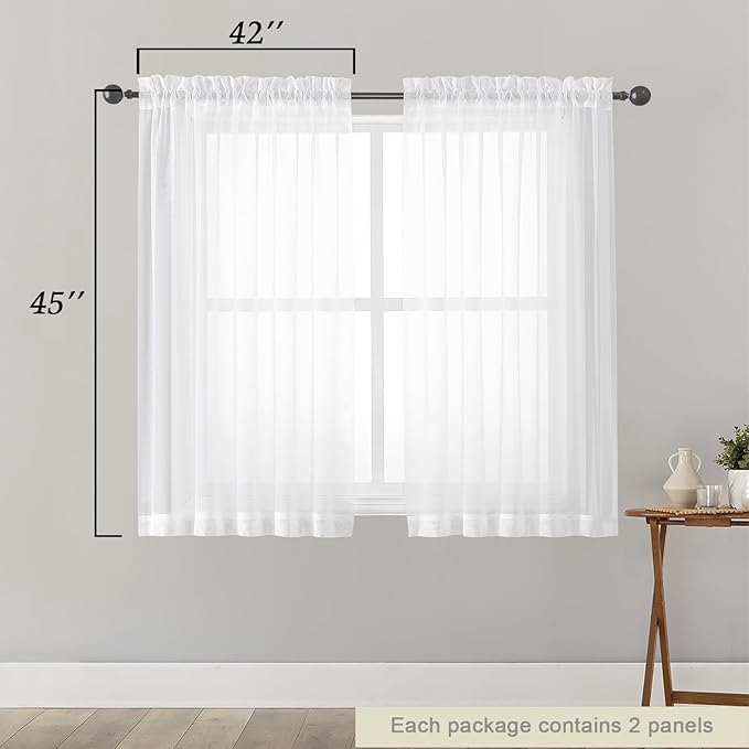 White Sheer Curtains for Bedroom Living Room 45 Inch Length 2 Panels, Soft Airy - Image 2