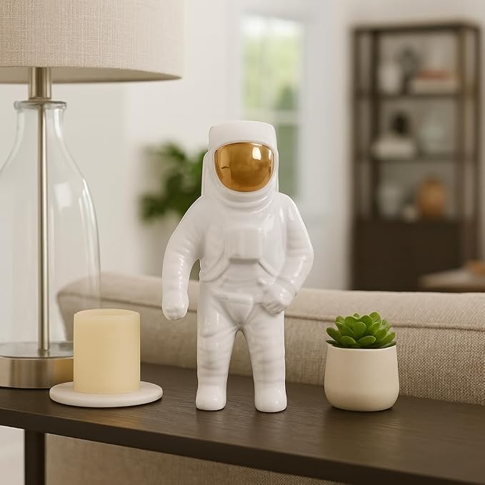 Ceramic Astronaut Statue Figurine for Home Decor - Decorative Sculpture for Bathroom, Office, and Living Room - Modern Ornaments for Shelf, Desk, and Coffee Table Accent - 11", White
