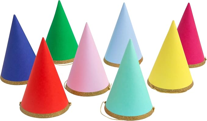 Meri Meri Birthday Party Hats, Pack of 8 Bright and Colorful Cone Birthday Hats for Kids & Adults, Cone Party Hats