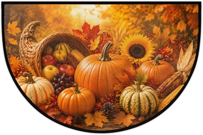 cfpolar Autumn Half Round Door Mat Outdoor Doormat Bedroom Entrance Rug A23 | Autumn Fall Pumpkin Semi Moon Door Mat Non-Slip Absorbent Kitchen Rug Indoor Welcome Bath Mat 36" X 24"