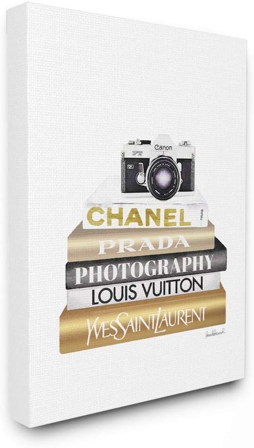 Stupell Industries 'Camera Gold Black Bookstack'| Canvas Art | Stupell Industries | 16 x 20 Inches, Easy to Hang and Sturdy, Made in USA, by Amanda Greenwood