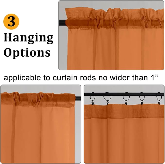 Gwine Burnt Orange Sheer Curtains 84 Inches Long 2 Panels Set - Image 3