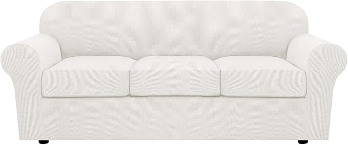 H.VERSAILTEX 4 Piece Stretch Sofa Covers for 3 Cushion Couch Covers for Living Room Furniture Slipcovers (Base Cover Plus 3 Seat Cushion Covers) Thicker Jacquard Fabric (Large Sofa, Porcelain White)