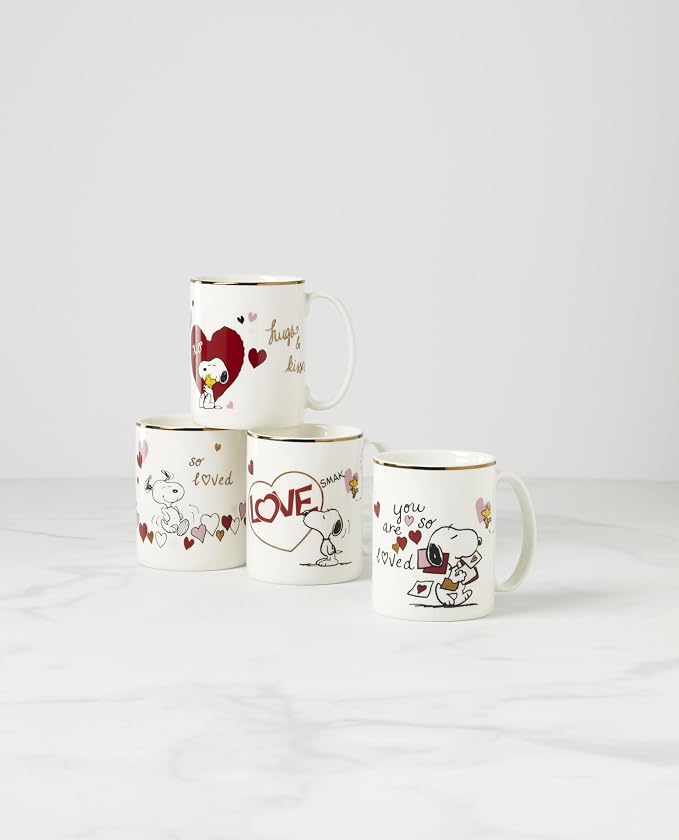 Lenox Snoopy Valentine's Day Porcelain Mug Set for 4, 12oz | dishwasher safe, microwave safe | gift for snoopy fans | 4 inch, 12oz, coffee mug, gift for women, drinkware
