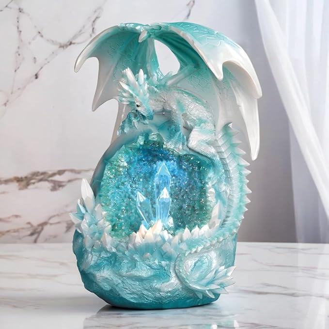 ICE Armor Hand Painted 9" H LED White and Blue Dragon Figurine Statue Sculpture Ornament Decoration Home/Room Decor Ideas for Housewarming, Holidays and Birthdays Great Collectible