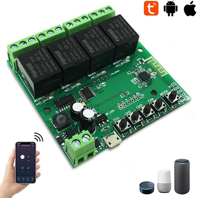 4-Channel WiFi Smart Switch Relay Module, TUYA/Smart Life App for Smart Home Remote Control, Momentary Time Adjustable, Compatible with Alexa/Google Assistant