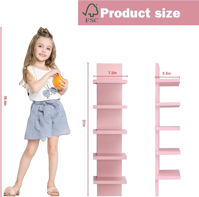 5 Tier Wall Shelves Pink, Vertical Column Shelf Floating Storage Home Decor Organizer Tall Tower Design Utility Shelving Bedroom Living Room, 30.7