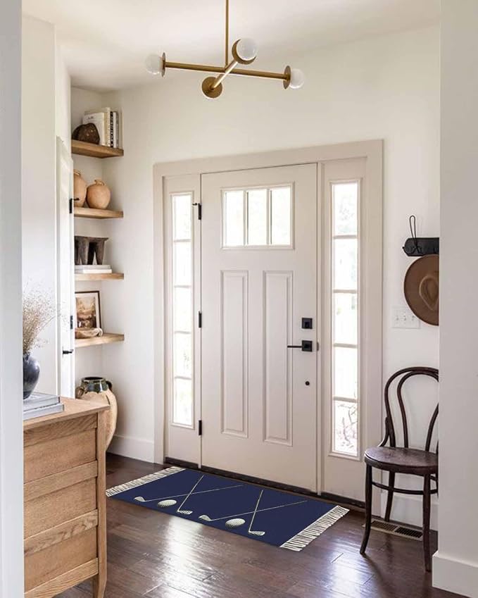 Navy Blue Kitchen Hallway Runner Rug 2X5 Ft Carpet, Washable Woven Sports Golf Ball Throw Carpet with Tassel, Non-Shedding Modern Minimalist Art Entryway Laundry Rugs