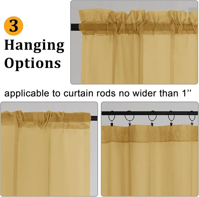 Gwine Gold Sheer Curtain Tiers 24 Inch Length, Light Filtering Voile Short - Image 5