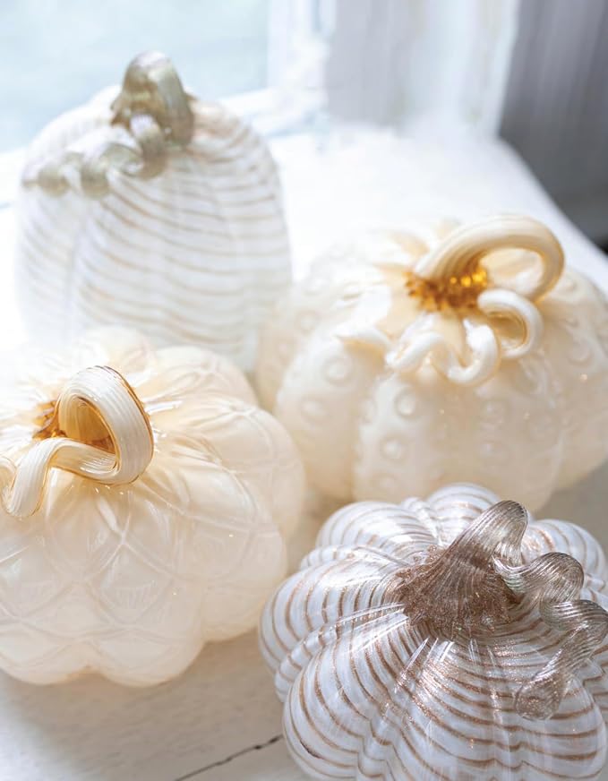 Boston International Handblown Art Glass Pumpkin Thanksgiving Halloween Decorations for Home, Medium, Butter Diamond