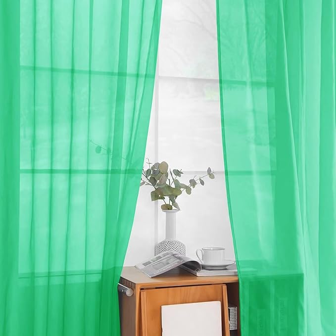 youleyar Solid Sheer Rod Pocket Curtain Voile Draperies 2 Panels White Beige Black Grey Ivory 52 Inch Width 108 Inch Long 1 Pair for Kitchen Bedroom Children Living Room Yard (Grass Green,52Wｘ108L)