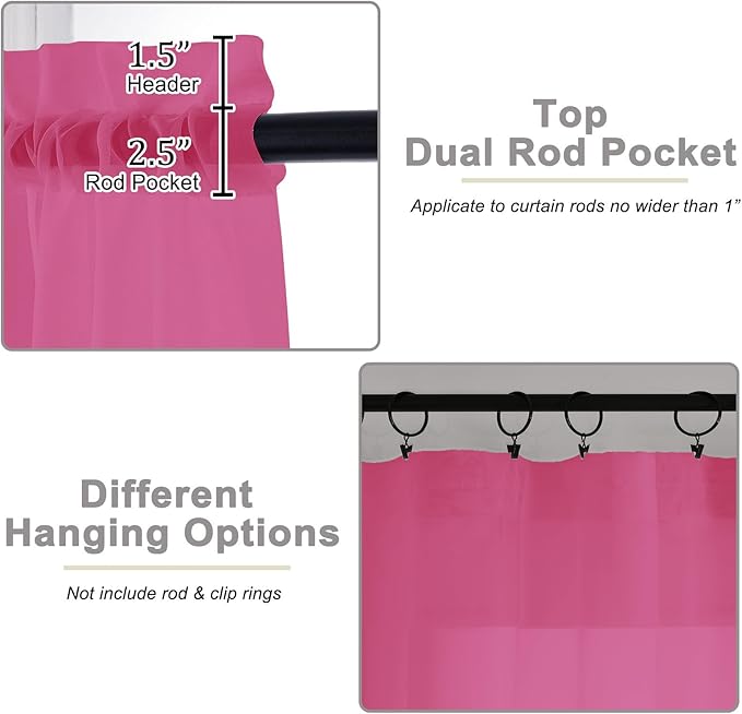Hot Pink Kitchen Curtains 30 Inch Length Tier 2 PCS, Solid Soft Airy Half - Image 4
