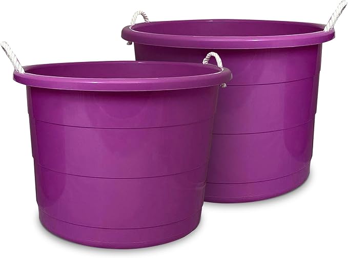 Homz 2 Pack of 17 Gallon Storage Buckets, Durable Plastic Containers, Sturdy Rope Handles, Large Tubs for Sports Equipment, Party Cooler, Gardening, Toys and Laundry, Orchid