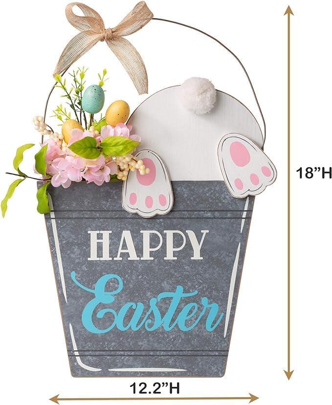 Glitzhome Easter Wooden Bucket Shaped Bunny Wall Hanging Art Sign Decor, 18"H