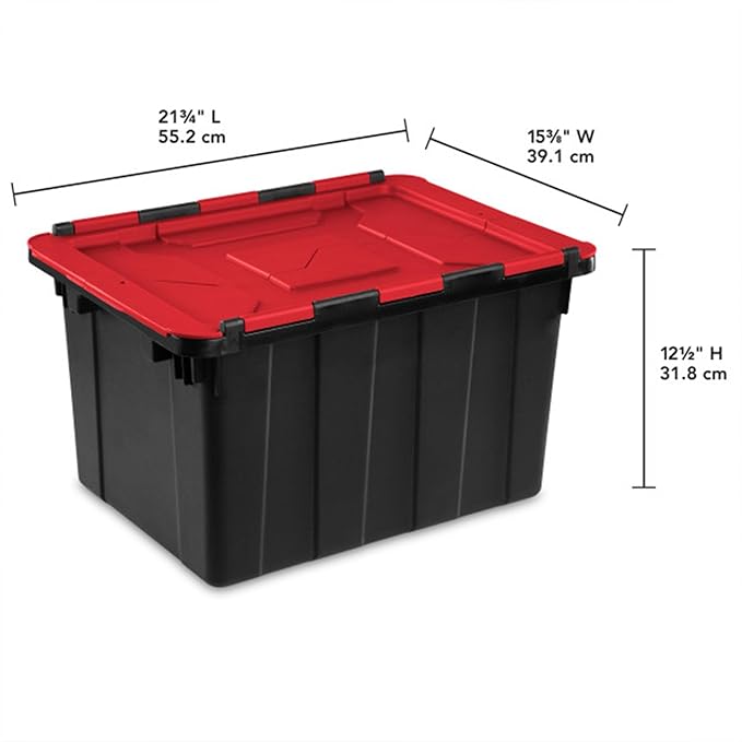 Sterilite 12 Gal Hinged Lid Industrial Tote, Stackable Storage Bin with Hinge Lid, Plastic Container to Organize Basement, Black with Red Lid, 6-Pack | Heavy-Duty and Stackable Utility Box Containers for Home, Office, and Basement Organization, Black/Red