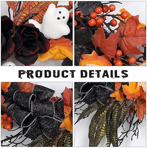 Takywep 26 Inch Halloween Wreaths for Front Door, Ghost Wreath with Black Roses Feathers and Maple Leaves, Spooky Indoor Outdoor Door Hanging Decorations Porch Wall Home Decor - Image 4