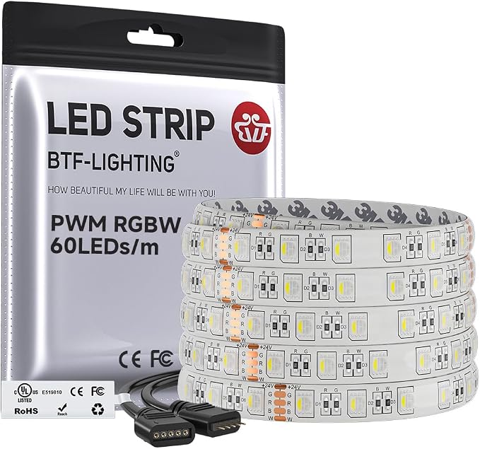 BTF-LIGHTING RGBW LED Strip Lights,UL Listed,5050 4 Colors in 1 RGB + 6000K-7000K Cool White,12V DC,16.4ft/5m 60LEDs/m 12mm White PCB, IP65 Waterproof for Home Decoration(No Adapter or Controller)