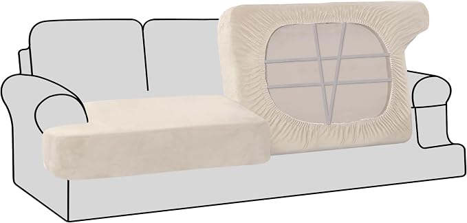 H.VERSAILTEX Stretch Velvet 2 Piece T Cushion Sofa Slipcovers for Living Room Individually Sofa Covers for 2 Cushion Seat Cushion Covers Stay with Elastic Bands (Sofa, Cream)