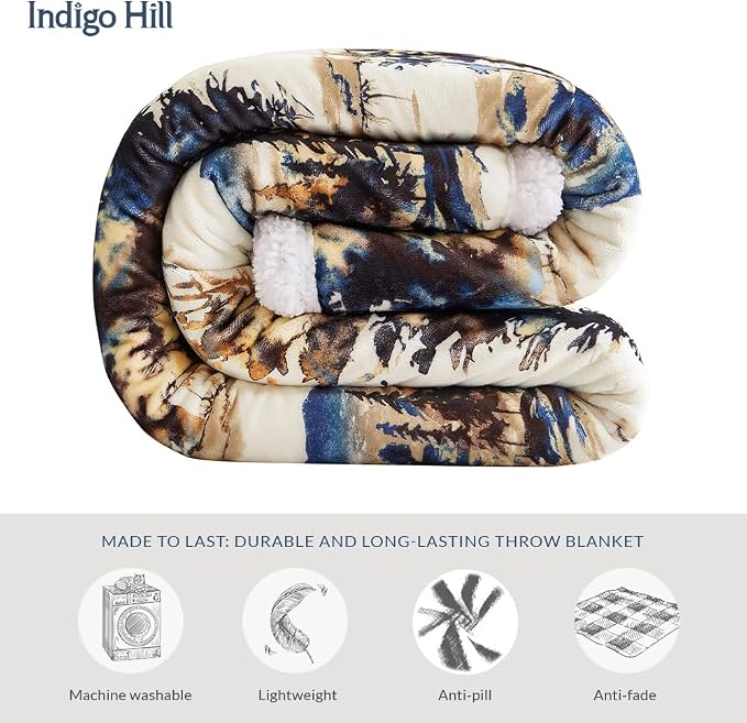 Indigo Hill by HiEnd Accents Acadia Sherpa Throw Blankets, Forest Pine Trees Nature Woodland Mountain Print Western Blanket for Camping Outdoor, Cabin Lodge Rustic Sherpa Fleece Blanket, 54x68 inch