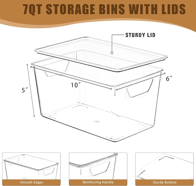 Freebat 12 Pack clear storage bins with lids, Middle pantry organizer bins | stackable Plastic Storage Containers, pantry Organization for Office, Bedroom, cabinet, Fridge,Kitchen Organization