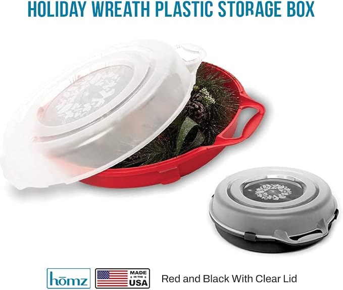 HOMZ Set of 3 Holiday Wreath Plastic Storage Containers, Holds Up to 24” Diameter, Secure Latching Lid and Easy Grip Handle, Stackable and Nestable, Red/Clear | Stackable Seasonal Decoration Organizer Bins with Lids and Handles for Christmas Wreaths an...