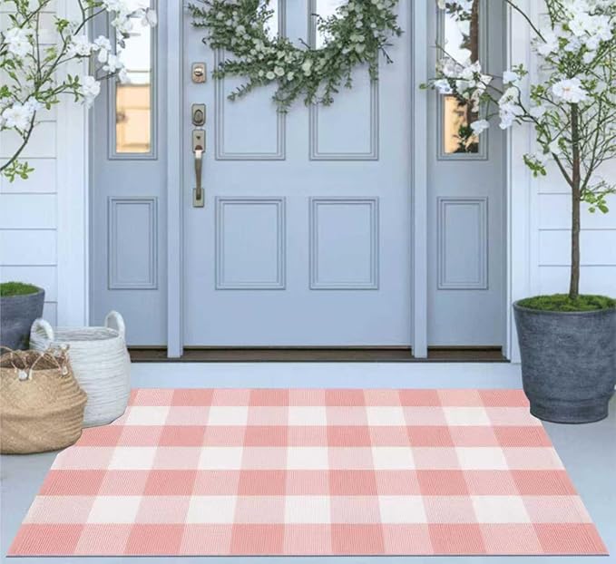 Buffalo Plaid Outdoor Rug 27.5''X 43.3' Pink White Checked Porch Rug Cotton Woven Washable Rug Layering Doormat for Welcome Door Mat Entryway Dining Room Bedroom Living Room