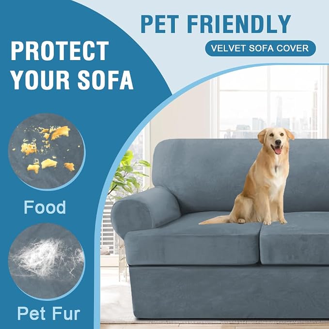 H.VERSAILTEX Sofa Cover 4 Piece T Cushion Sofa Slipcovers Thick Velvet Couch Cover Furniture Protector Stretch Sofa Covers for 3 Cushion Couch with 3 Individual Covers Washable, Stone Blue