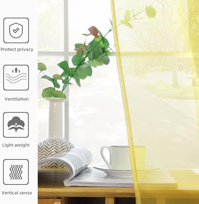 youleyar Solid Sheer Rod Pocket Curtain Voile Draperies 2 Panels White Beige Black Grey Coffee 52 Inch Width 63 Inch Long 1 Pair for Kitchen Bedroom Children Living Room Yard (Yellow,52Wｘ63L)