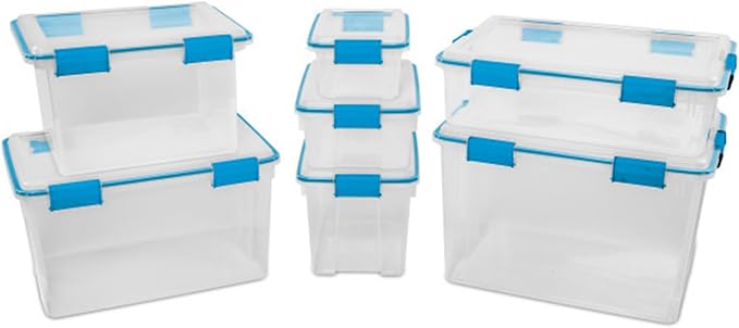 Sterilite Gasket Storage Box with Lids for Home & Office, 7.5 Quart, 6-Pack | Heavy-Duty, Stackable, and Organizing Containers for Bathroom, Cabinet, Closet, and Garage, Clear and Blue Aquarium Latches