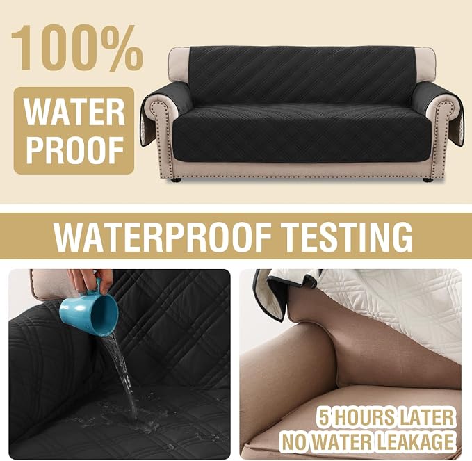 H.VERSAILTEX 100% Waterproof Sofa Covers for 3 Cushion Couch Modern Sofa Cover for Dogs XL Couch Covers for Oversized Sofa with Elastic Straps (Oversized Sofa, Black/Beige)
