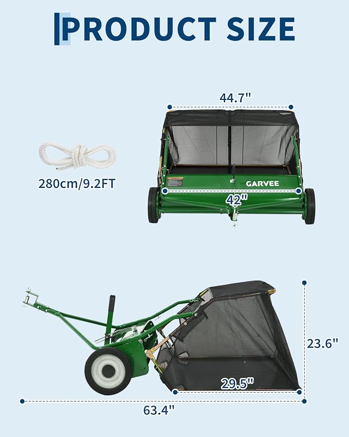 Garvee Tow Behind Lawn Sweeper 42 Inch, Heavy Duty Leaf & Grass Collector | Yard Sweeper Pull Behind,14 cu.ft. Leaf Collector,Tool-Free Adjustable Brush Height,Dumping Rope for Yard,Driveway,Sidewalk