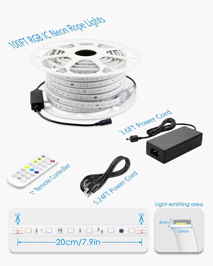 ALITOVE Permanent Outdoor LED Strip Lights 100FT Waterproof 24V RGB IC | Addressable 24 Volt LED Rope Lights, Music Sync with Remote APP Control, for Wall Patio Eave Garden Pool Party Decor