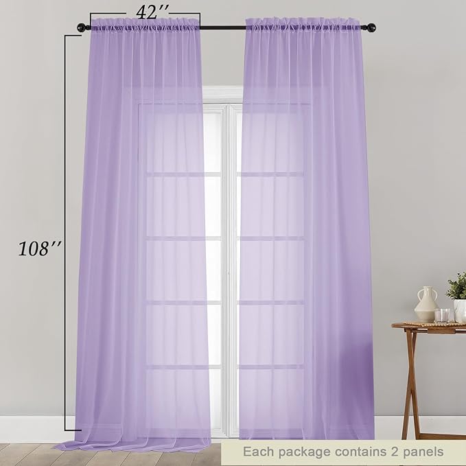 Extra Long Sheer Lavender Curtains for Bedroom Living Room 108 Inches Long 2 Panels Set, Solid Soft Light Filtering Rod Pocket Sheer Window Curtains, Lavender, Each 42" Wx108 L Inch