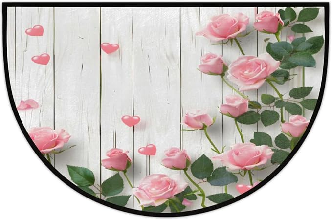Wooden Half Round Doormat Non-Slip Semi Circle Rug Half Moon Mat | Pink Rose Flower Washable Soft Absorbent Indoor Outdoor Entrance Kitchen Bathroom Sink Patio Welcome Fireplace Floor Rug