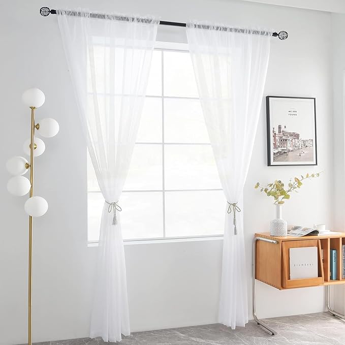 youleyar Solid Sheer Rod Pocket Curtain Voile Draperies 2 Panels White Beige Black Grey Coffee 60 Inch Width 84 Inch Long 1 Pair for Kitchen Bedroom Children Living Room Yard(White,60Wｘ84L)