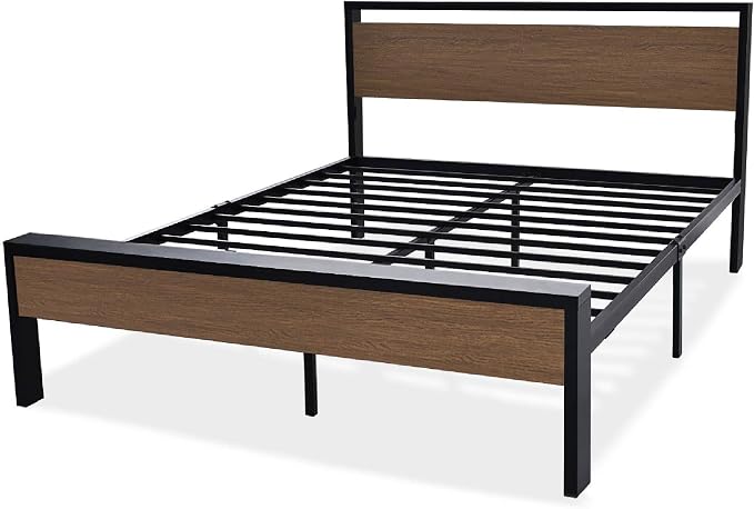 Allewie Full Size Bed Frame, Heavy Duty 12 Metal Slats Support, Walnut | Wooden Headboard and Footboard, Modern Platform Bed, No Box Spring Needed, Under-Bed Storage, Noise Free, Easy Assembly