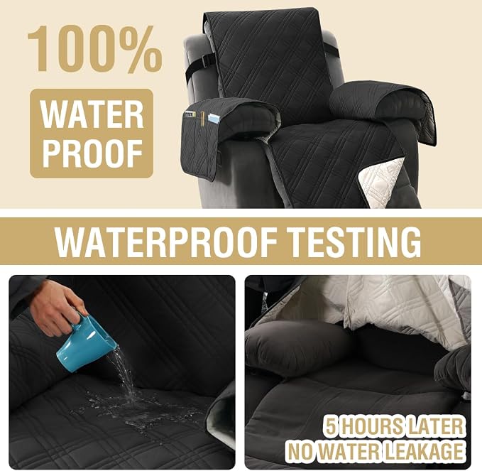 H.VERSAILTEX 100% Waterproof Couch Covers for Reclining Couches Reversible Recliner Chair Covers Furniture Protector with Elastic Straps for Pets Kids Sitting Width Up to 23" (Recliner, Black/Beige)