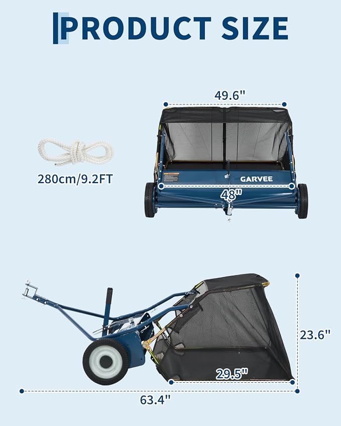 Garvee Tow Behind Lawn Sweeper 48 Inch, 16 cu.ft. Heavy Duty Leaf & Grass Collector with Tool-Free Adjustable Brush Height, Dumping Rope for Yard, Driveway & Sidewalk Debris Cleanup