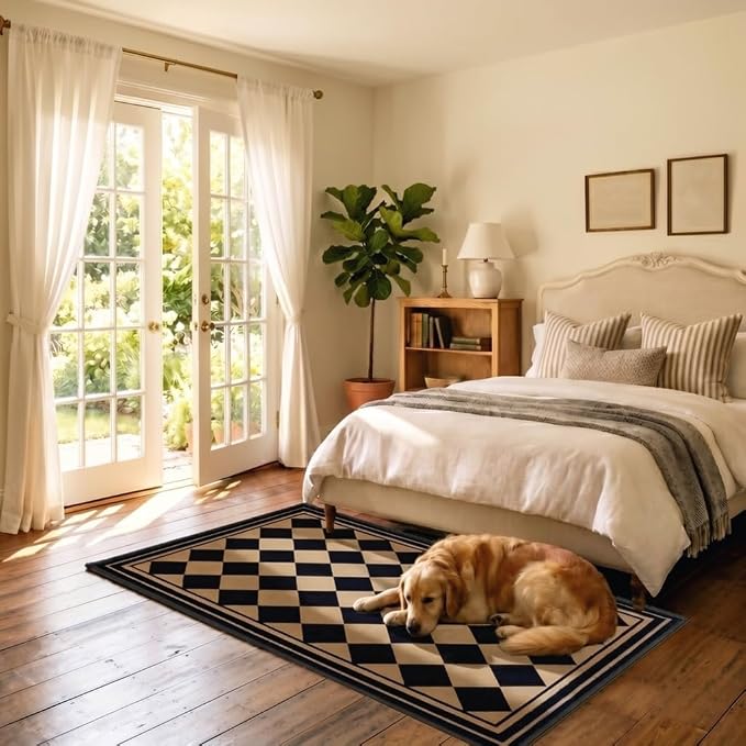 Checkered Rug 3x5, Washable Non-Slip Checkerboard Rug, Black and Tan Diamond Neutral Farmhouse Style Mat for Entryway, Kitchen, Laundry Room, Patio, Porch