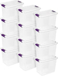 Sterilite ClearView Latch Boxes, Storage Bins with Lids, 27 Quart, 12-Pack | Clear Plastic Organizers with Color Accent Latches for Closet, Bedroom, Shelving Units, Dorm Room and Home Organization