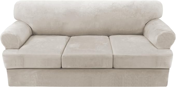 H.VERSAILTEX Sofa Cover 4 Piece T Cushion Sofa Slipcovers Thick Velvet Couch Cover Stretch T Cushion Sofa Covers for 3 Cushion Couch with 3 Individual T Cushion Covers, French Oak