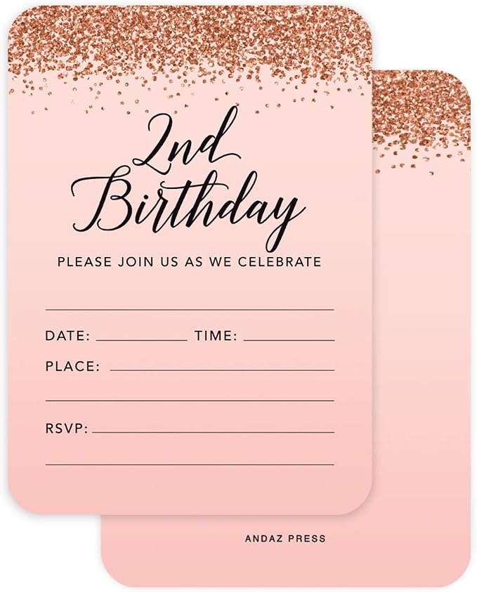 Andaz Press Blush Pink and Rose Gold Glitter Elegant Party Collection, 5x7-inch Invitations with Envelopes, 2nd Birthday, 24-Pack, Double Sided Printing, Heavy Card Stock, Includes Envelopes