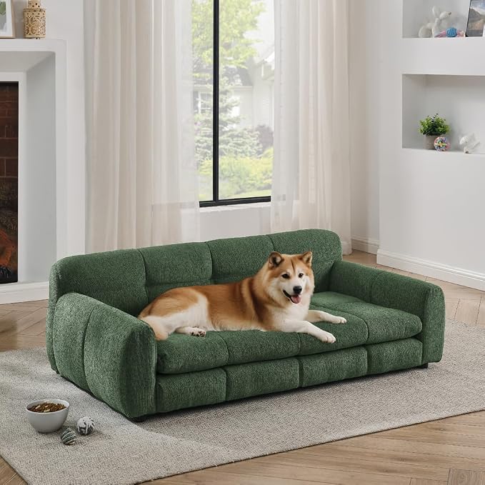 Dog Couch Bed with Backrest and Armrest, Durable Pet Sofa with Soft Foam Cushion, Elevated Dog Couch Bed with Legs for Medium and Large Dogs, Emerald Green
