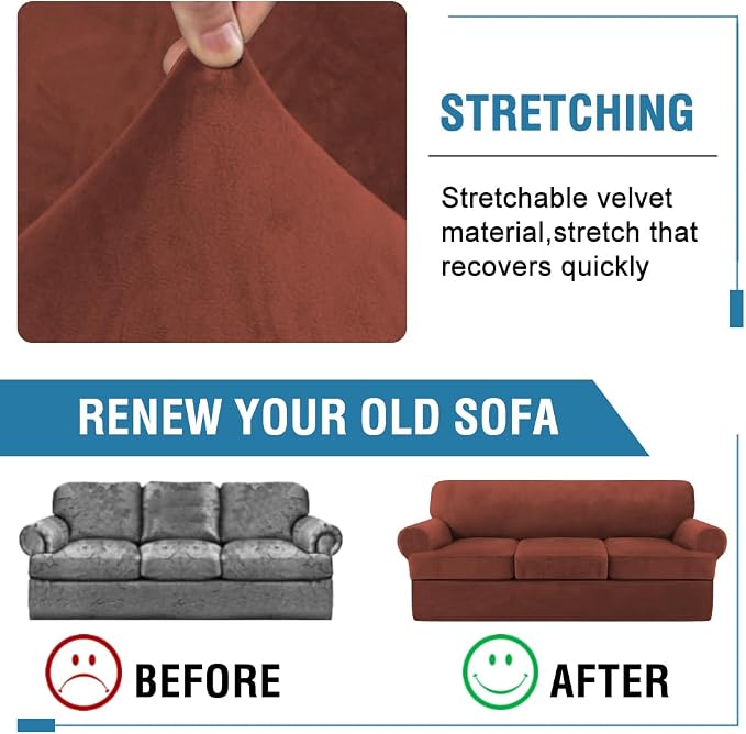 H.VERSAILTEX Sofa Cover 4 Piece T Cushion Sofa Slipcovers Thick Velvet Couch Cover Stretch T Cushion Sofa Covers for 3 Cushion Couch with 3 Individual T Cushion Covers Washable, Rust