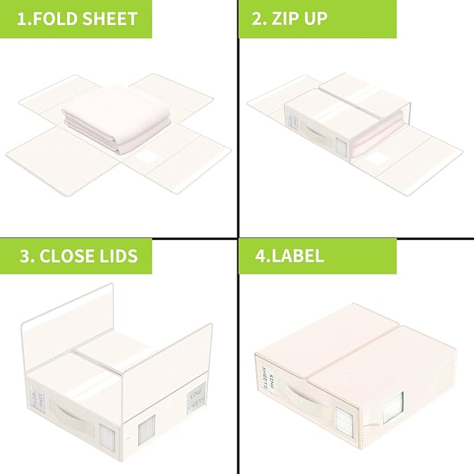 Aokeyee Bed Sheet Organizers and Storage - 6 Pack (Queen or King Size),Foldable Storage Box for Duvet Cover Set, Linen Closet Organizer for Bedding Clothes Blankets, Ivory